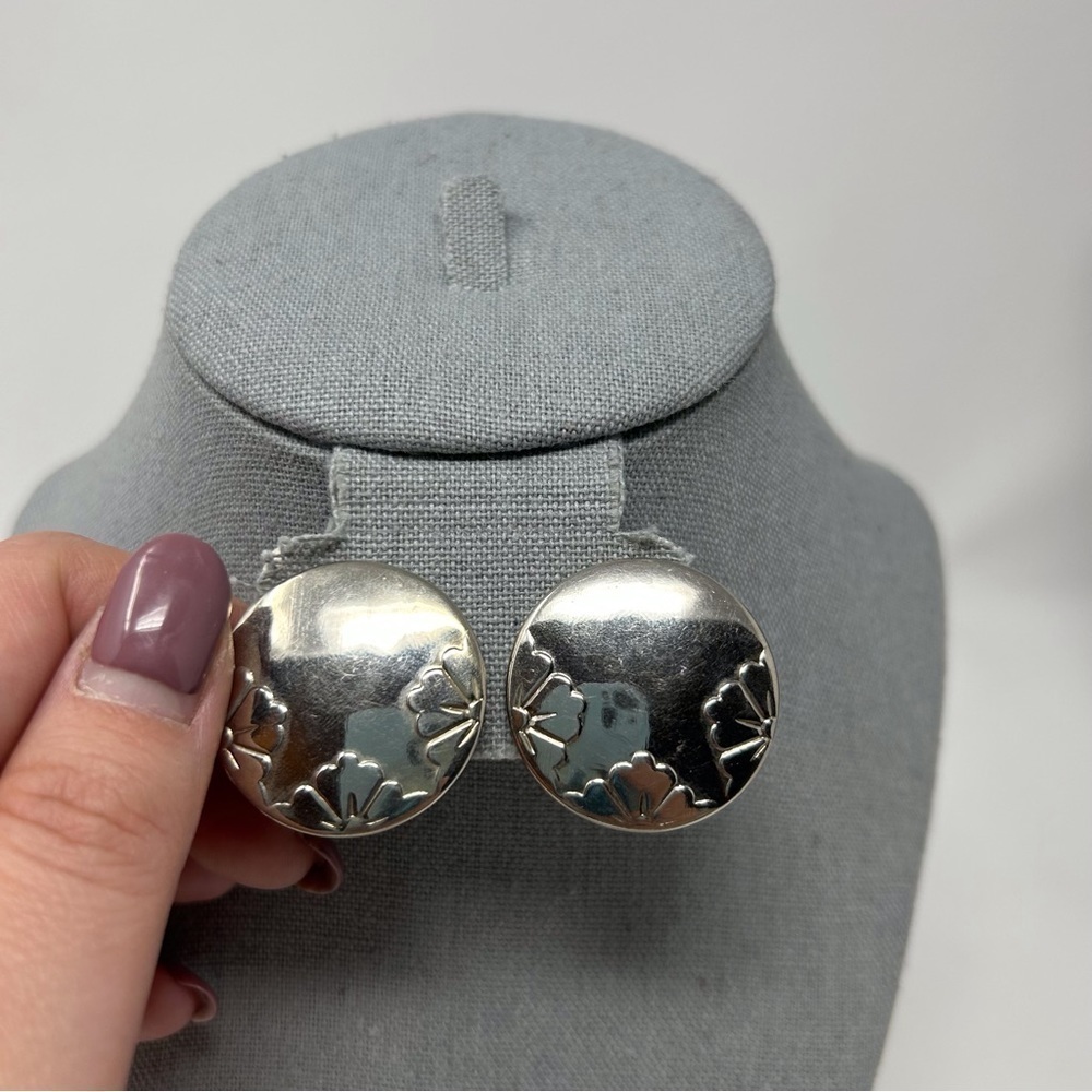 Vintage Large Round Silver Tone Clip On Earrings with Floral Design Simple